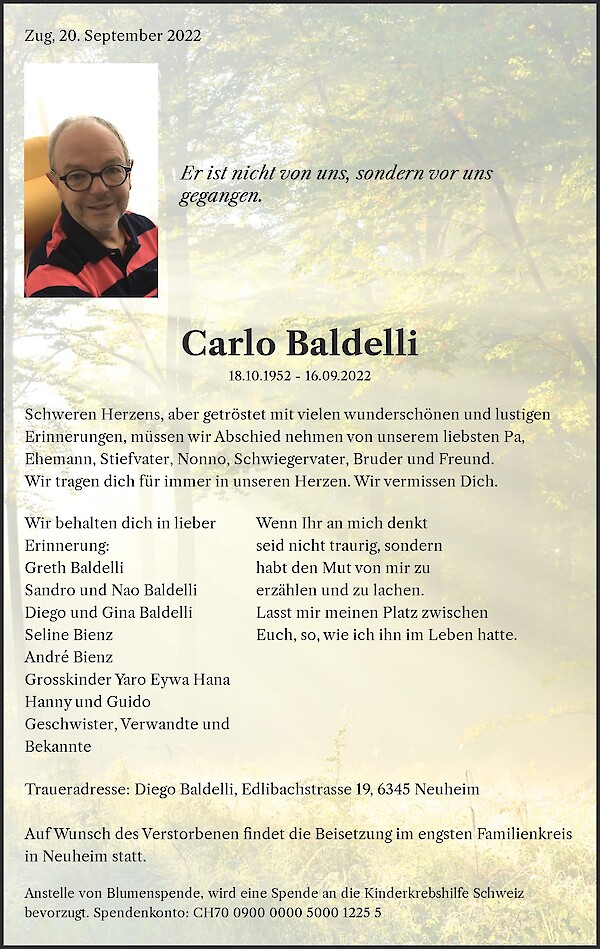 Avis de décès de Carlo Baldelli, Neuheim