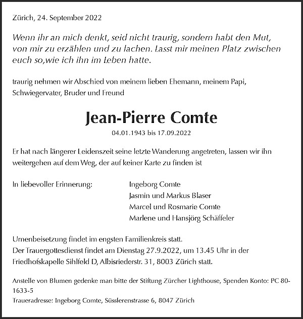 Necrologio Jean-Pierre Comte, Zürich