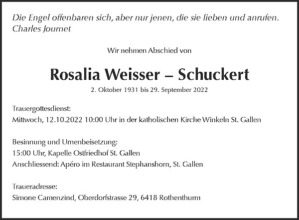 Avis de décès de Rosalia Weisser – Schuckert, St. Gallen