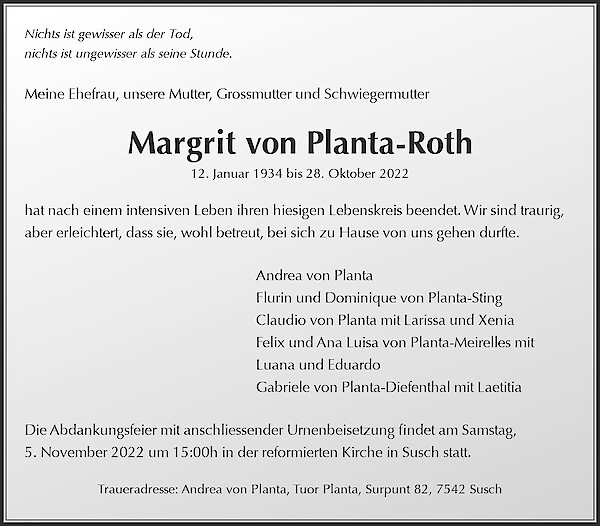 Avis de décès de Margrit von Planta-Roth, Susch