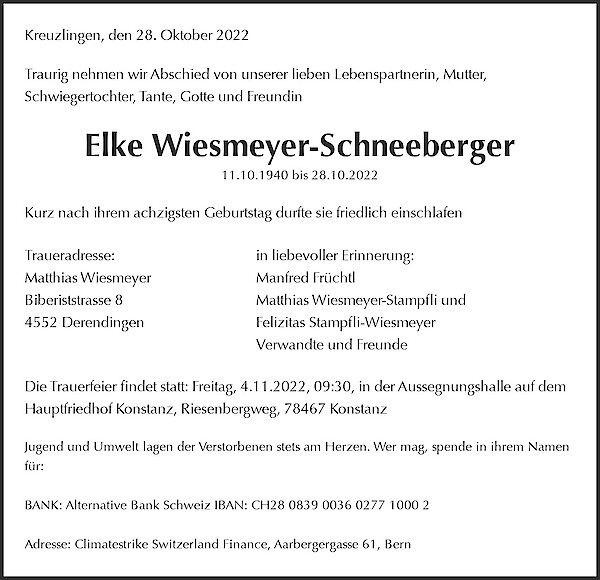 Necrologio Elke Wiesmeyer-Schneeberger, Kreuzlingen