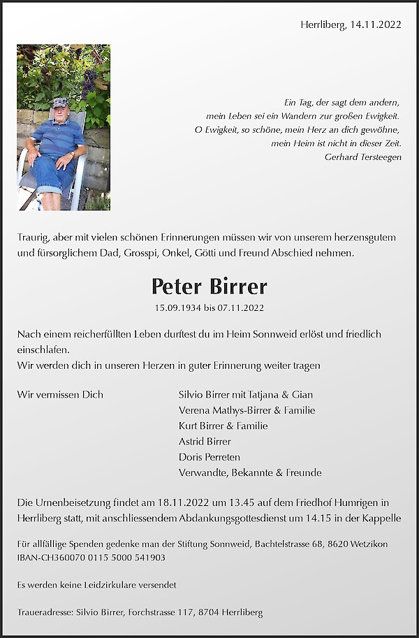 Obituary Peter Birrer, Wetzikon