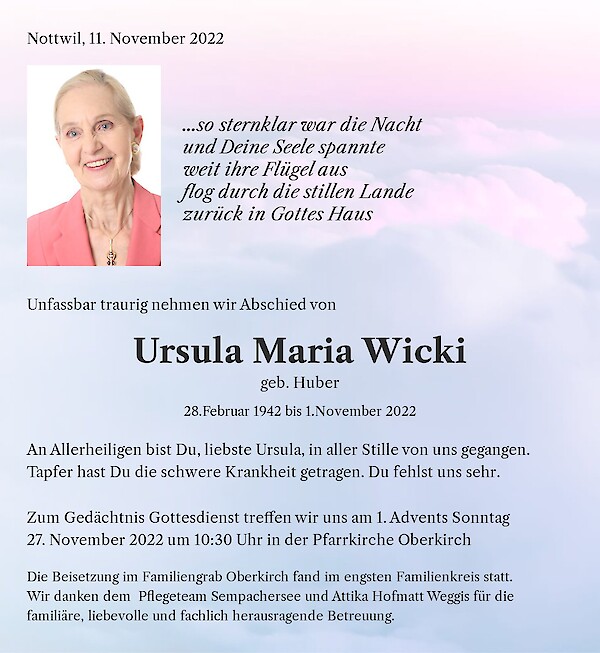 Avis de décès de Ursula Maria Wicki, Nottwil