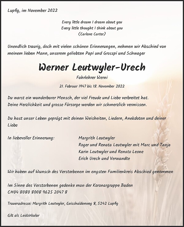 Avis de décès de Werner Leutwyler-Urech, Lupfig