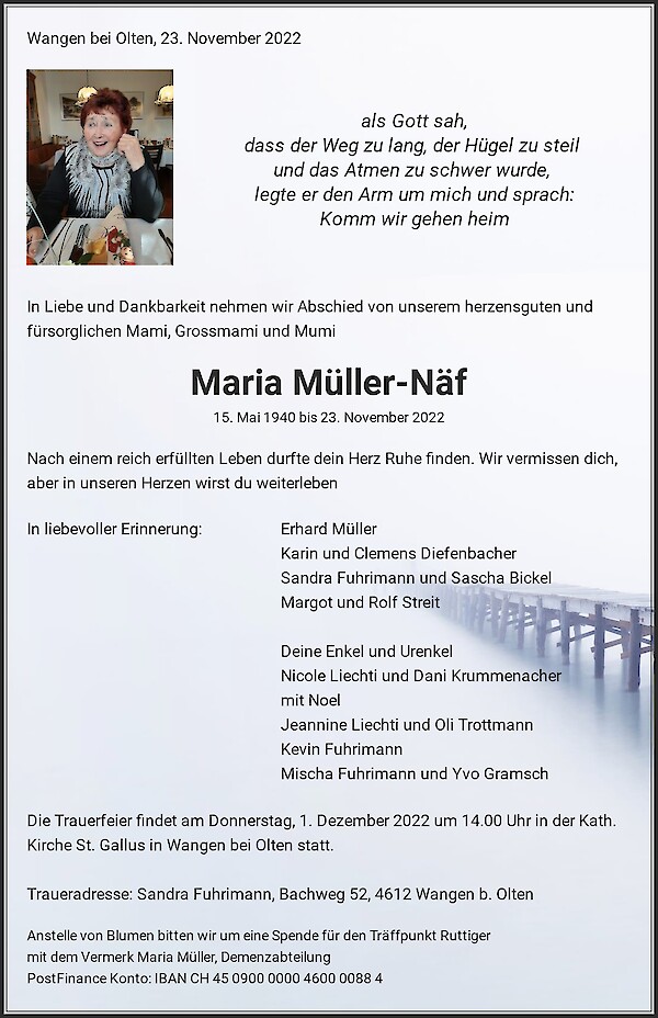 Avis de décès de Maria Müller-Näf, Wangen bei Olten
