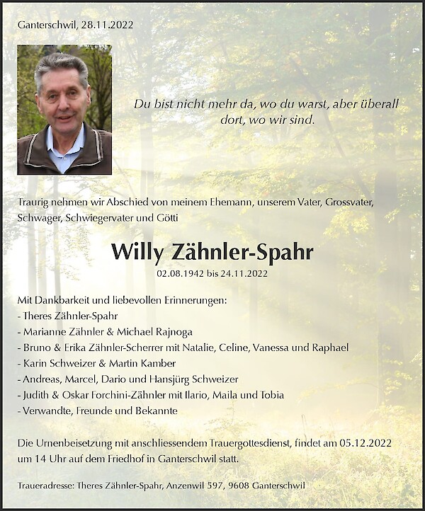Avis de décès de Willy Zähnler-Spahr, Ganterschwil