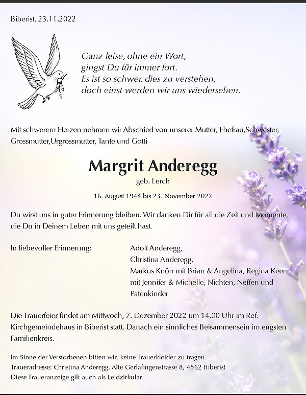 Avis de décès de Margrit Anderegg, Derendingen
