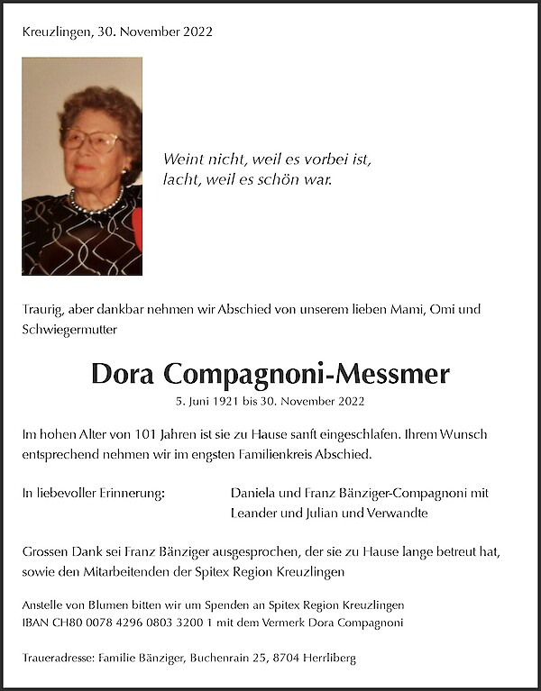 Avis de décès de Dora Compagnoni-Messmer, Kreuzlingen