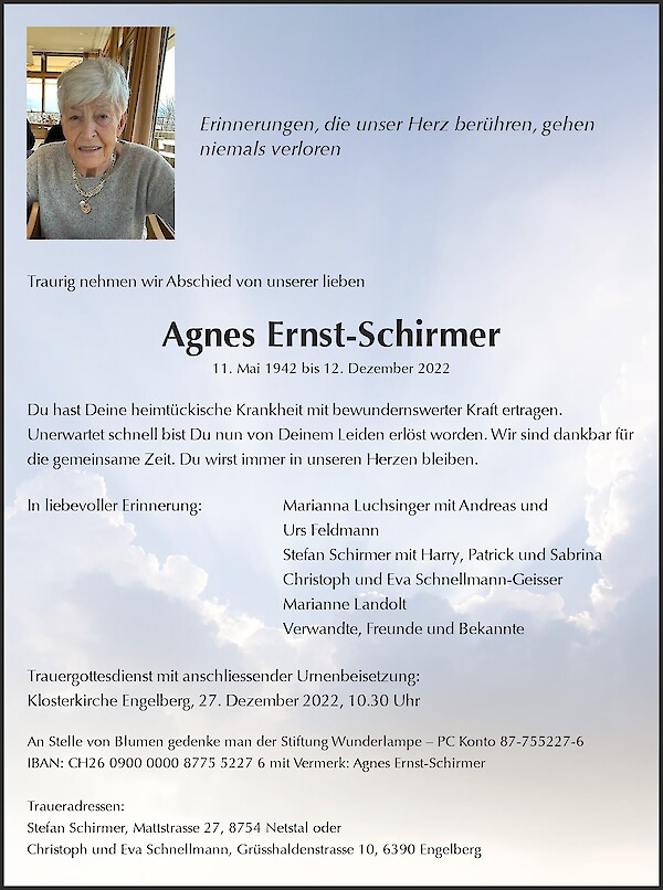 Avis de décès de Agnes Ernst-Schirmer, Luzern
