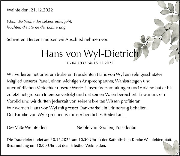 Obituary Hans von Wyl-Dietrich, Weinfelden