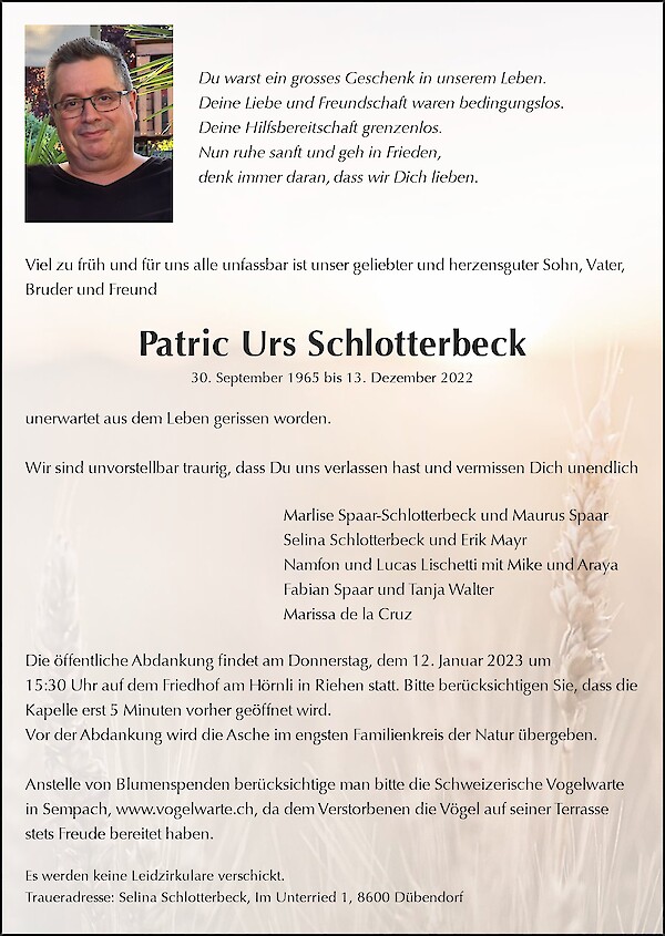 Avis de décès de Patric Urs Schlotterbeck, Breitenbach