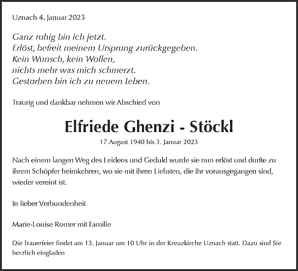 Necrologio Elfriede Ghenzi - Stöckl, Schmerikon