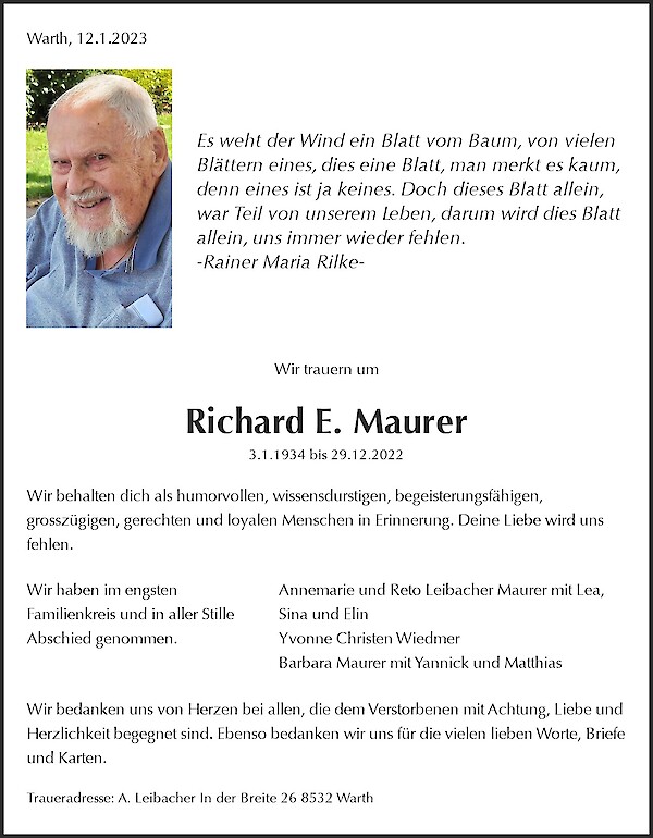Avis de décès de Richard E. Maurer, Winterthur