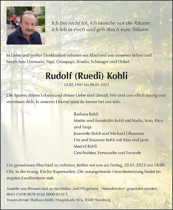 Necrologio Rudolf (Ruedi) Kohli, Homburg