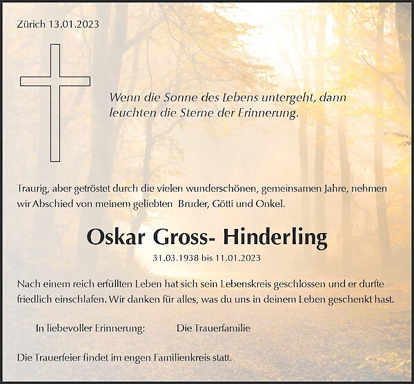 Avis de décès de Oskar Gross- Hinderling, Zürich