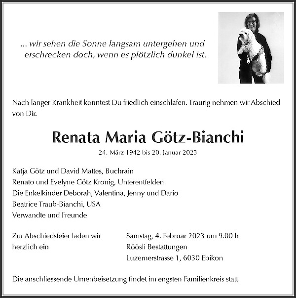 Avis de décès de Renata Maria Götz-Bianchi, Ebikon