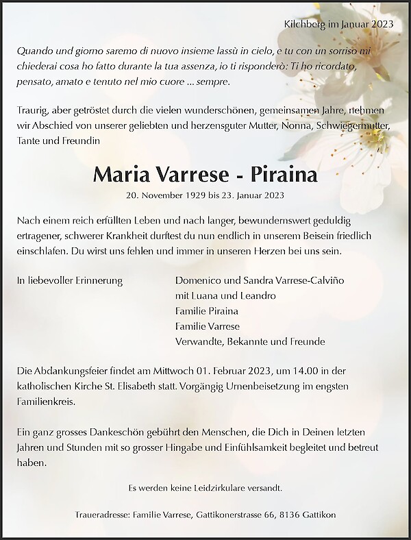 Obituary Maria Varrese - Piraina, Kilchberg