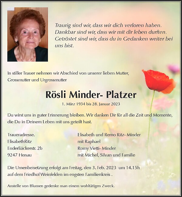 Avis de décès de Rösli Minder-Platzer, Weinfelden