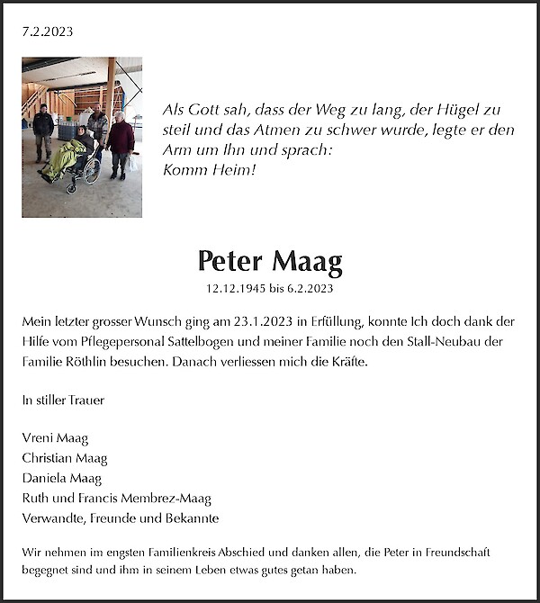 Avis de décès de Peter Maag, Hauptwil