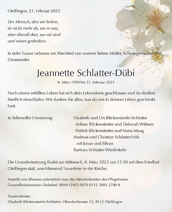 Avis de décès de Jeannette Schlatter-Dübi, Otelfingen