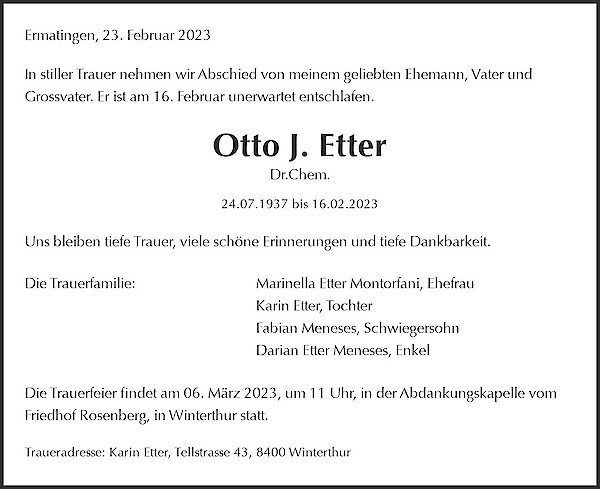 Obituary Otto J. Etter, Ermatingen