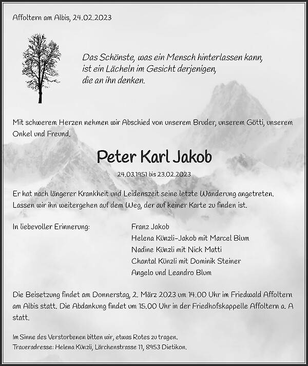 Obituary Peter Karl Jakob, Affoltern am Albis