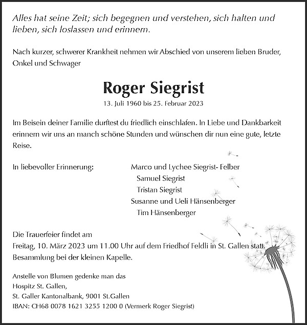 Obituary Roger Siegrist, St. Gallen