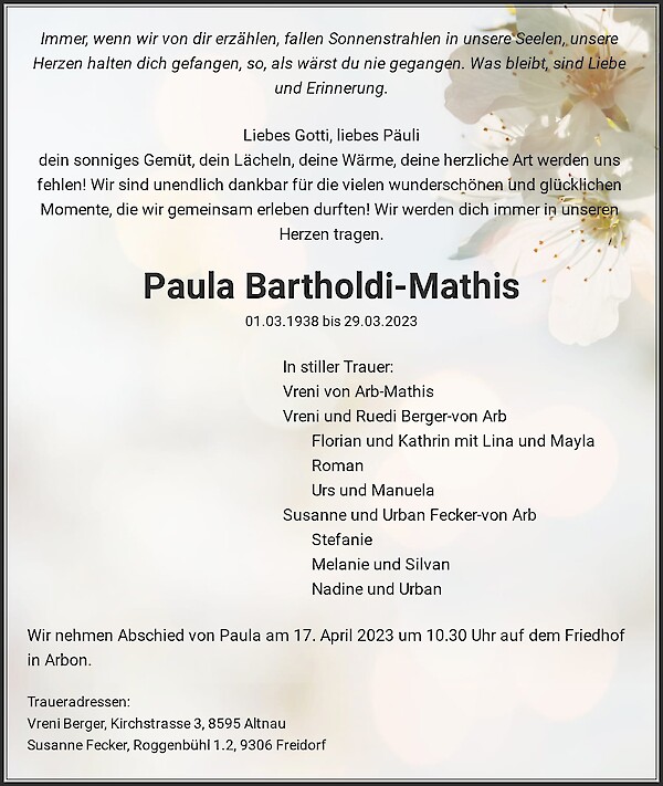 Avis de décès de Paula Bartholdi-Mathis