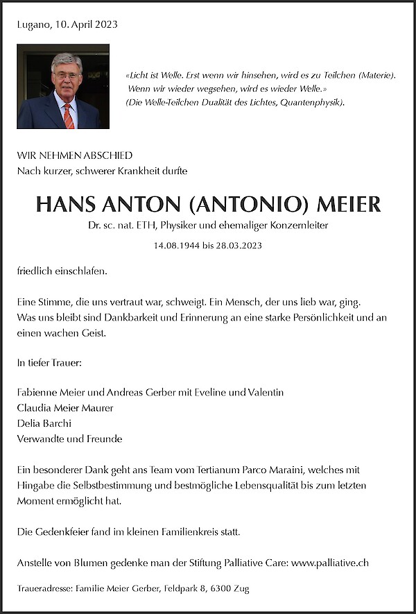 Obituary HANS ANTON (ANTONIO) MEIER, Lugano