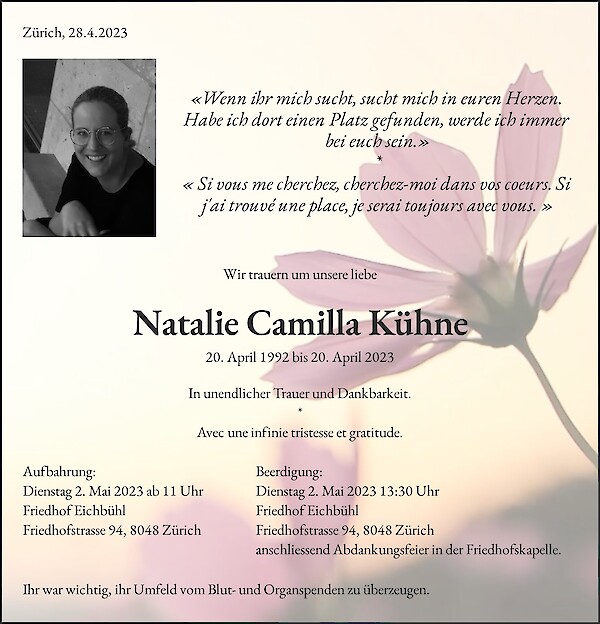 Obituary Natalie Camilla Kühne, Zürich