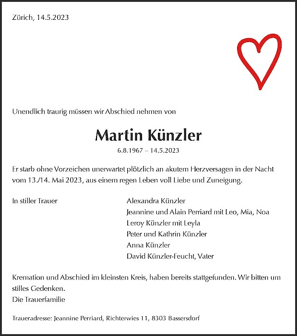 Avis de décès de Martin Künzler