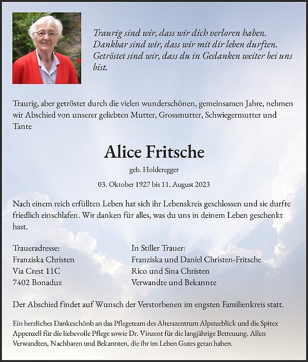 Avis de décès de Alice Fritsche