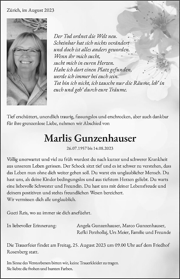 Avis de décès de Marlis Gunzenhauser, Winterthur
