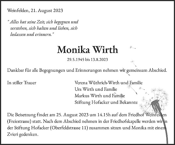 Avis de décès de Monika Wirth