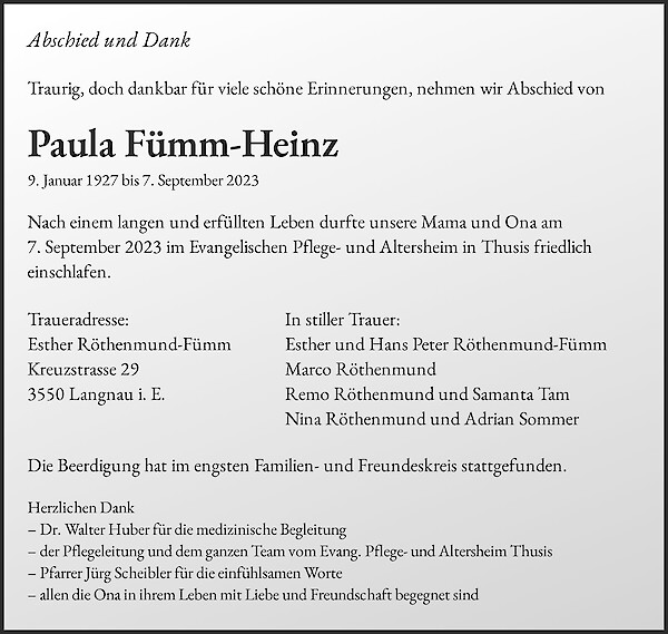 Avis de décès de Paula Fümm-Heinz