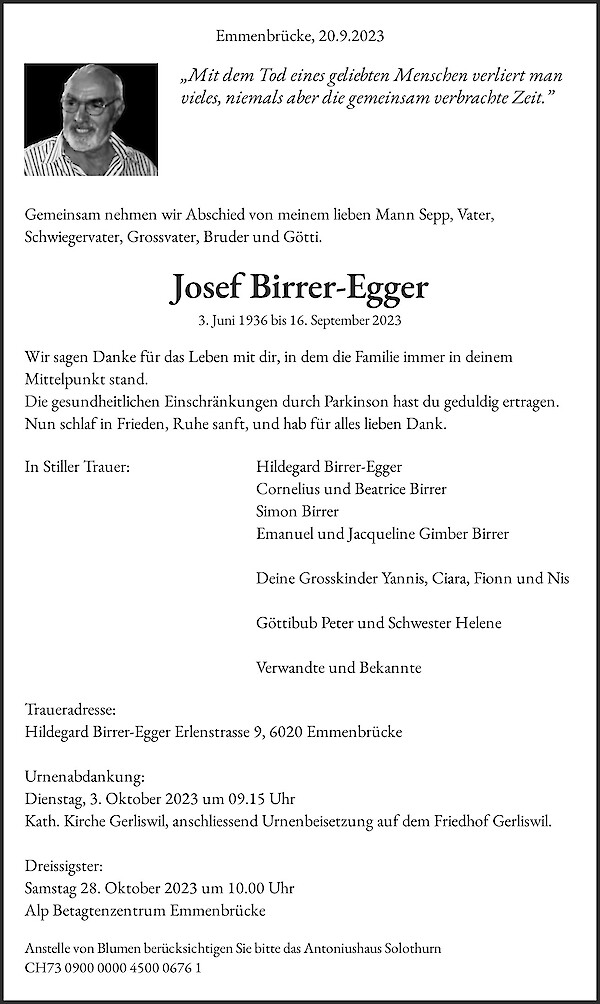 Avis de décès de Josef Birrer-Egger, Emmenbücke