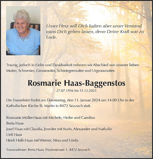 Necrologio Rosmarie Haas-Baggenstos, Rämismühle Zell