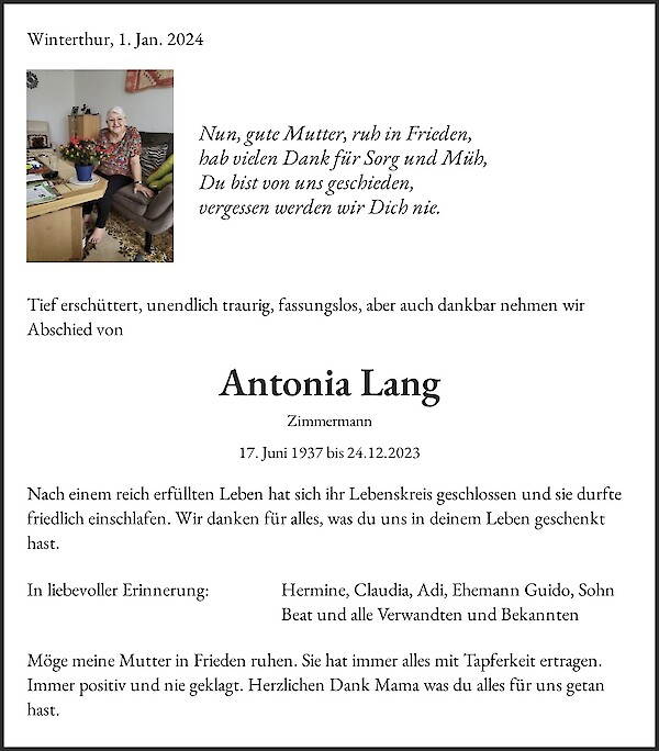 Necrologio Antonia Lang, Olten
