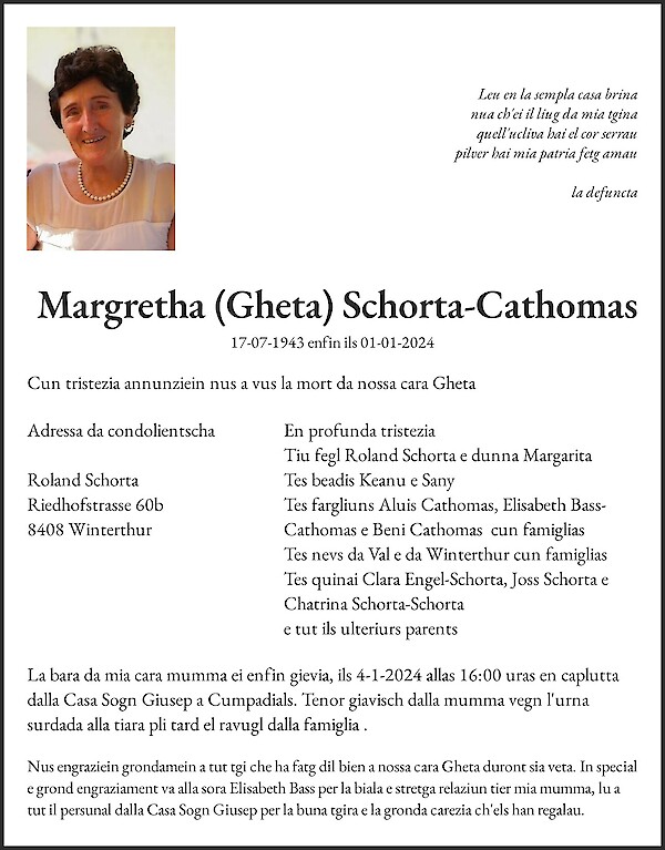 Avis de décès de Margretha (Gheta) Schorta-Cathomas