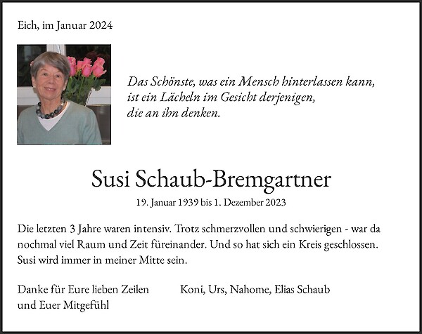 Todesanzeige von Susi Schaub-Bremgartner, Eich