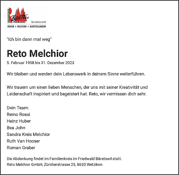 Todesanzeige von Reto Melchior, Wetzikon