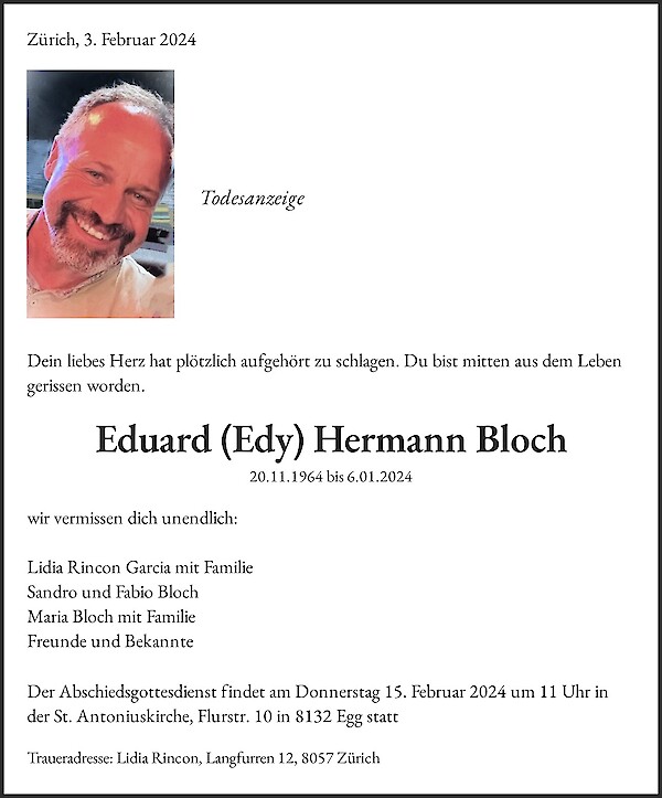 Todesanzeige von Eduard (Edy) Hermann Bloch