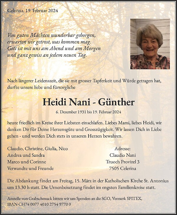 Avis de décès de Heidi Nani - Günther, Celerina