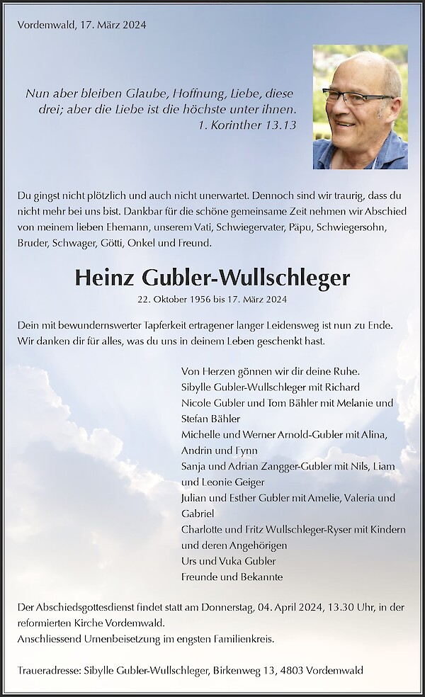 Avis de décès de Heinz Gubler-Wullschleger