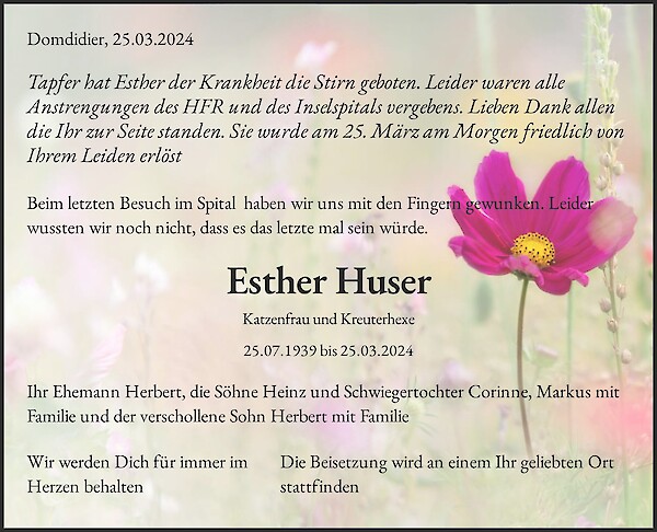 Avis de décès de Esther Huser, Domdidier