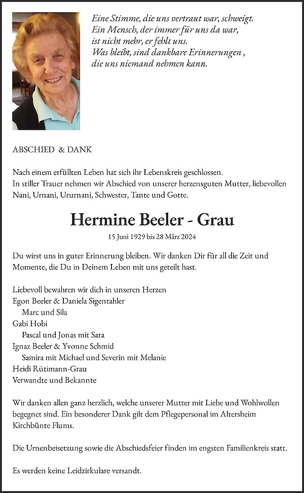 Avis de décès de Hermine Beeler - Grau