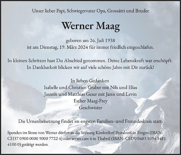 Todesanzeige von Werner Maag, Regensdorf