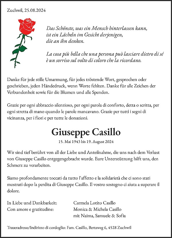 Necrologio Giuseppe Casillo, Zuchwil