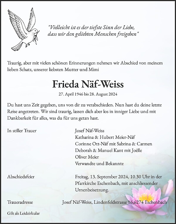 Todesanzeige von Frieda Näf-Weiss, Eschenbach