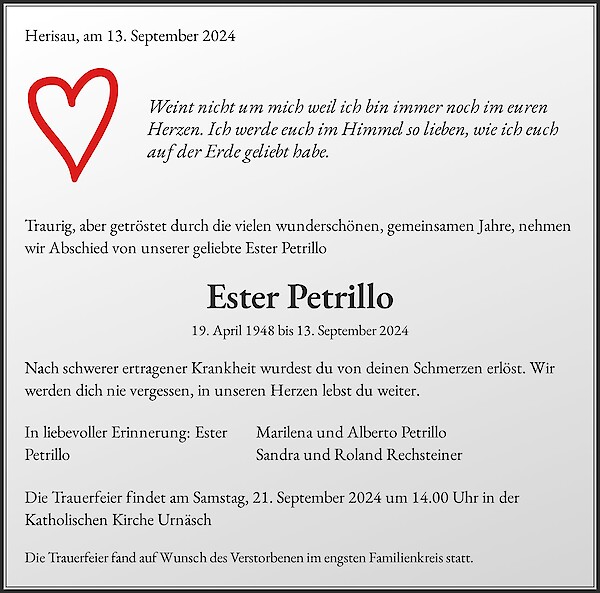 Necrologio Ester Petrillo, Urnäsch